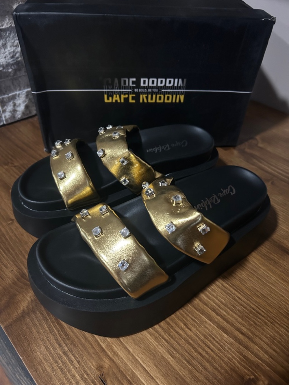 Cape Robbin Black Slides with Gold Jeweled Straps new in box size 7